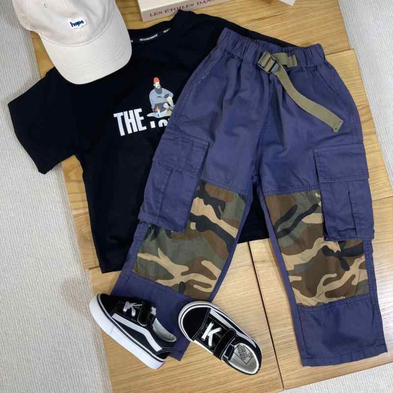 子供服 パンツ 春秋 迷彩 切り替え コットン ワークパンツ カジュアル ロングパンツ ゆったり 中 детска 高学年 140cm 150cm 160cm