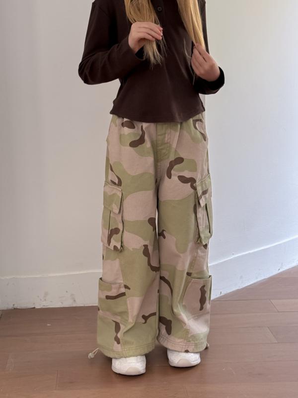 子供服 パンツ ガールズ カーゴパンツ 迷彩柄 ロングパンツ 春夏 高学年 中学生 ストリートダンス ダンス 練習着 レッスン着 個性的 かわいい 綿