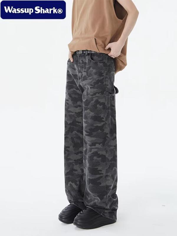 デニム メンズ ワークパンツ 迷彩柄 ストレート カーゴパンツ ウォッシュ加工 ゆったり ミリタリーパンツ