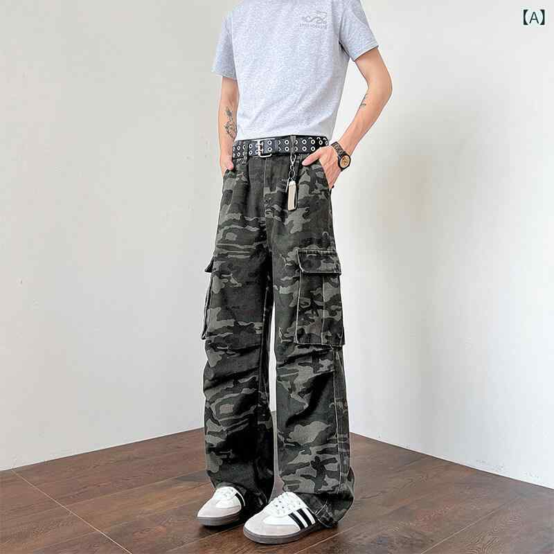 ジーンズ メンズ 迷彩柄 ストレート カーゴパンツ ワークパンツ ワイドレッグ ミリタリースタイル 多ポケット 綿 デニム 韓国風 カジュアル