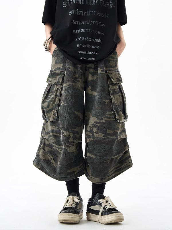 デニム メンズ 迷彩柄 7分丈 カーゴパンツ ワイド ストレート ゆったり ミリタリー アメカジ ウォッシュ加工(4.0)