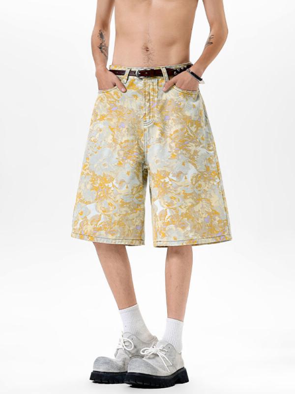 デニム メンズ ハーフパンツ アメリカン レトロ ウォッシュ加工 絞り染め ジャカード 薄手 ゆったり ストレート カモフラージュ 迷彩柄