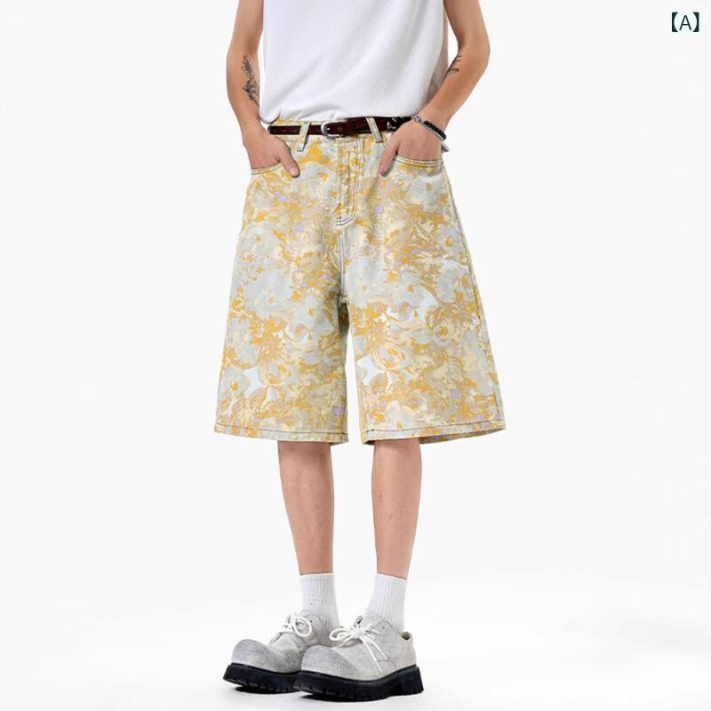 デニム メンズ ハーフパンツ アメリカン レトロ ウォッシュ加工 絞り染め ジャカード 薄手 ゆったり ストレート カモフラージュ 迷彩柄