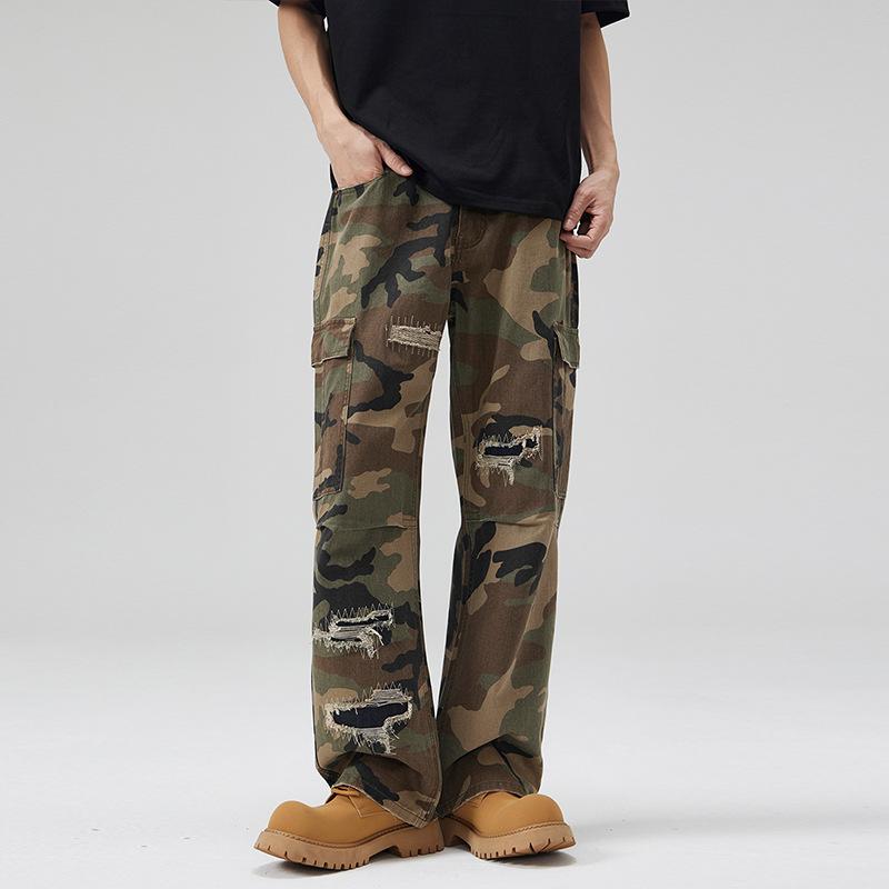 パンツ メンズ 迷彩 カーゴパンツ ワークパンツ ストレート ミリタリー 破れ加工 ポケット コットン 綿100％ カジュアル オールシーズン