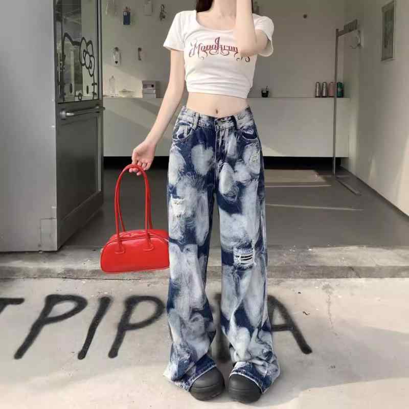 デニム レディース 迷彩柄 ワイドレッグ ジーンズ ゆったり ストレート ハイウエスト ダメージ加工 ジーパン ズボン パンツ 春夏 ブルー