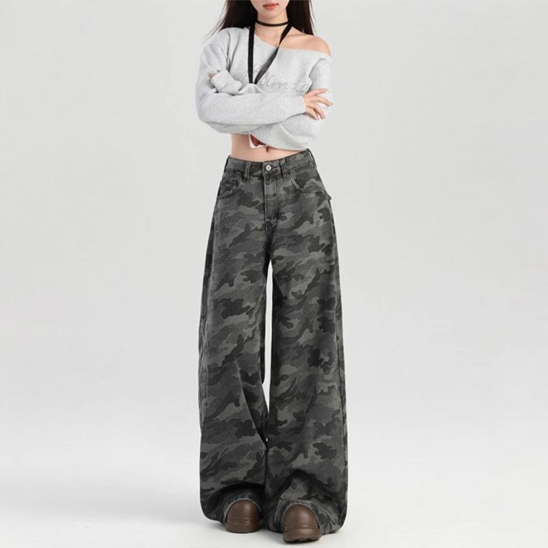 ジーンズ レディース 大きいサイズ アメリカンレトロ 迷彩柄 ワークパンツ ゆったり 高身長 ワイドレッ..