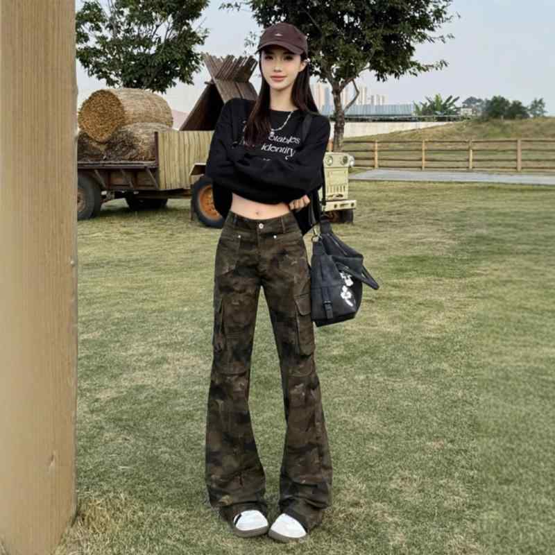 乐天商城 - ジーンズ レディース 高腰 ストレート 迷彩柄 デニムパンツ ジーパン カジュアル 韓国風 ゆったり 美脚 ストレッチ ズボン 快適 普段使い デイリー S M L XL 2XL 3XLサイズ