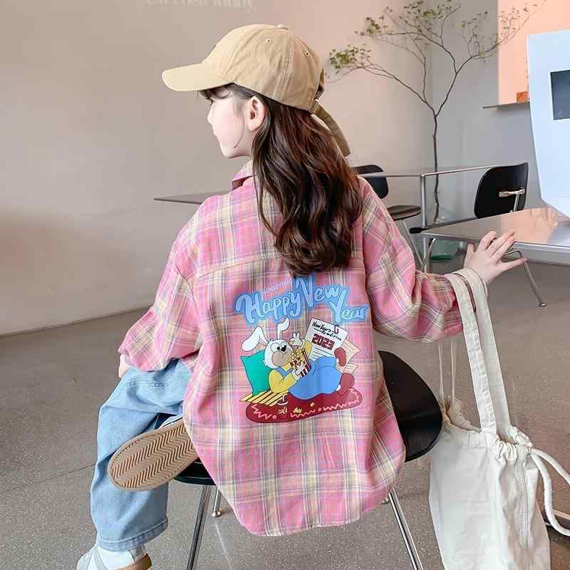 シャツ ガールズ 格子柄 トップス 春秋 薄手 長袖 ピンク かわいい アルファベット柄 普段着 運動着