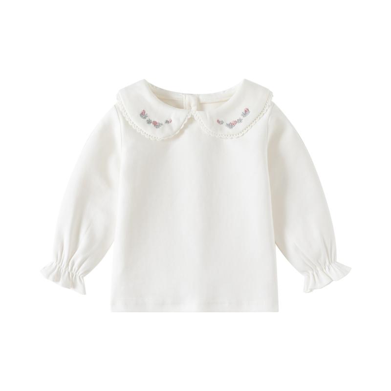 ・項目名: カテゴリ・値: Tシャツ・項目名: 対象・値: 女児・項目名: スタイル・値: シンプル・項目名: 袖丈・値: 長袖・項目名: 対象年齢・値: 1～3歳 (80～100cm)・項目名: 生地加工・値: 柔らか加工・項目名: 柄・値: 無地、花柄・項目名: 素材・値: 綿・項目名: 主素材の成分含有量・値: 95%・項目名: 安全等級・値: A類・項目名: ネックライン・値: 襟付き・項目名: 機能・値: 吸湿速乾・項目名: カラー・値: 刺繍襟付き白トップス・項目名: 適合身長・値: 73、82、91、100、109cm・項目名: 元素・値: レース