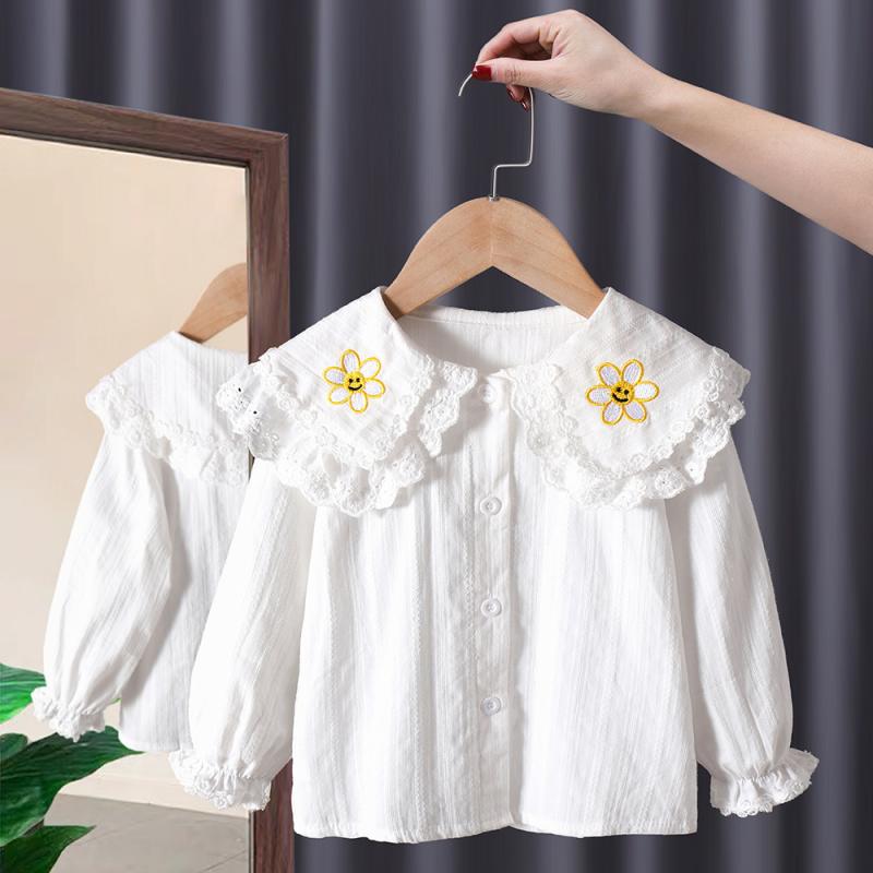 シャツ キッズ 女の子 レース 襟付き 春秋 長袖 コットン トップス 子供服 ベビー服 白 杏色 米白色 花柄 かわいい 普段着