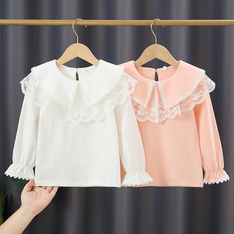 Tシャツ ガールズ 子供服 長袖 カットソー 綿 レース 花柄 フリル 襟付き 春秋 かわいい ガーリー トップス 白 ピンク