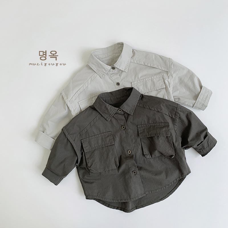 シャツ 子供服 春秋 長袖 男女兼用 トップス 韓国風 無地 綿100% ミディアムグレー オフホワイト 80cm 90cm 100cm 110cm 120cm 130cm