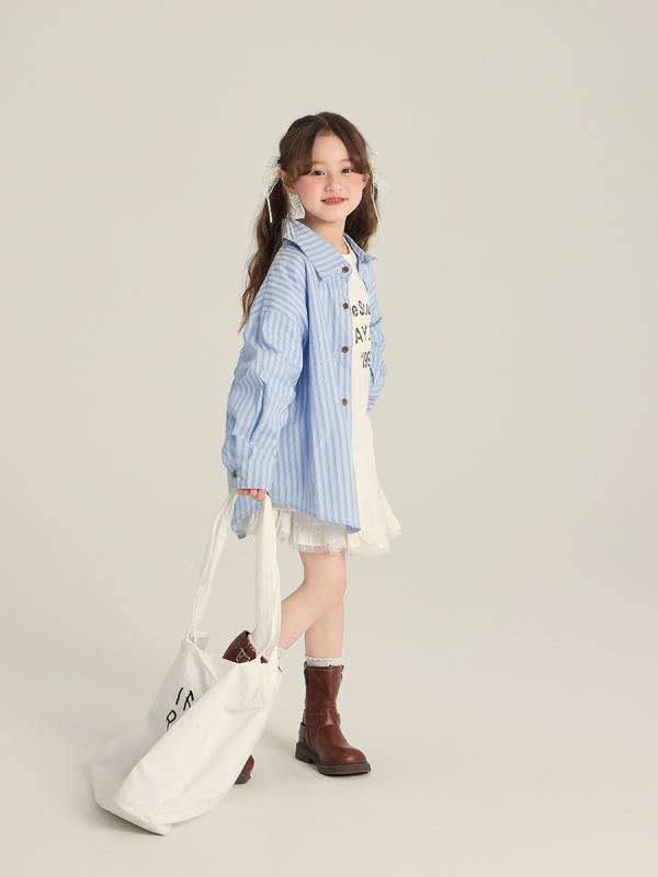 ・対象: 子供・性別: 女の子・対象年齢: 3～8歳 (100～140cm)・スタイル: 韓国風・ネックライン: 襟付き・袖丈: 長袖・柄: ストライプ・要素: ストライプ、蝶結び・生地: 綿・素材: 綿100%・安全レベル: B類・色: ブルー・適合身長: 90cm、100cm、110cm、120cm、130cm、140cm、150cm、160cm、170cm・カテゴリ: シャツ