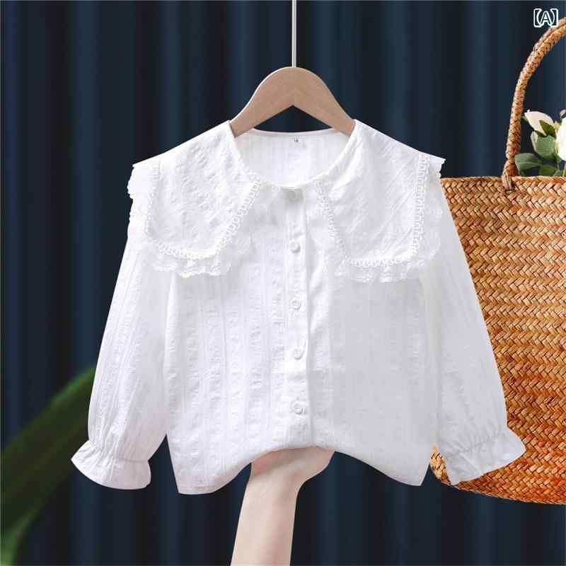 シャツ キッズ 女の子 子供服 綿 100% 長袖 襟付き 無地 春秋 プリンセス スタイル かわいい 白 ピンク系 100cm 110cm 120cm 130cm 140cm 150cm 160cm 170cm