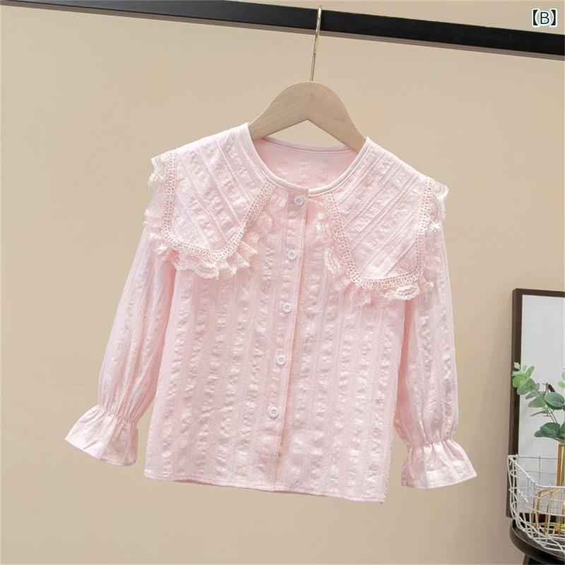 シャツ キッズ 女の子 子供服 綿 100% 長袖 襟付き 無地 春秋 プリンセス スタイル かわいい 白 ピンク系 100cm 110cm 120cm 130cm 140cm 150cm 160cm 170cm