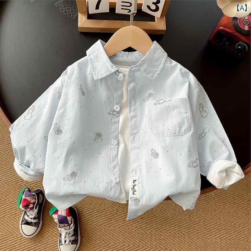 ・カテゴリ: シャツ・対象: 男の子・対象年齢: 1～3歳・身長: 80cm, 90cm, 100cm, 110cm, 120cm・スタイル: 韓国・ネックライン: 襟付き・生地加工: 柔らか加工・袖丈: 長袖・柄: キャラクター・素材: 綿・素材構成: 綿95%・シーズン: 夏、春、秋・要素: トレンド・色: 水色（宇宙飛行士）, 白（宇宙飛行士）, 薄緑（宇宙飛行士）・安全等級: A