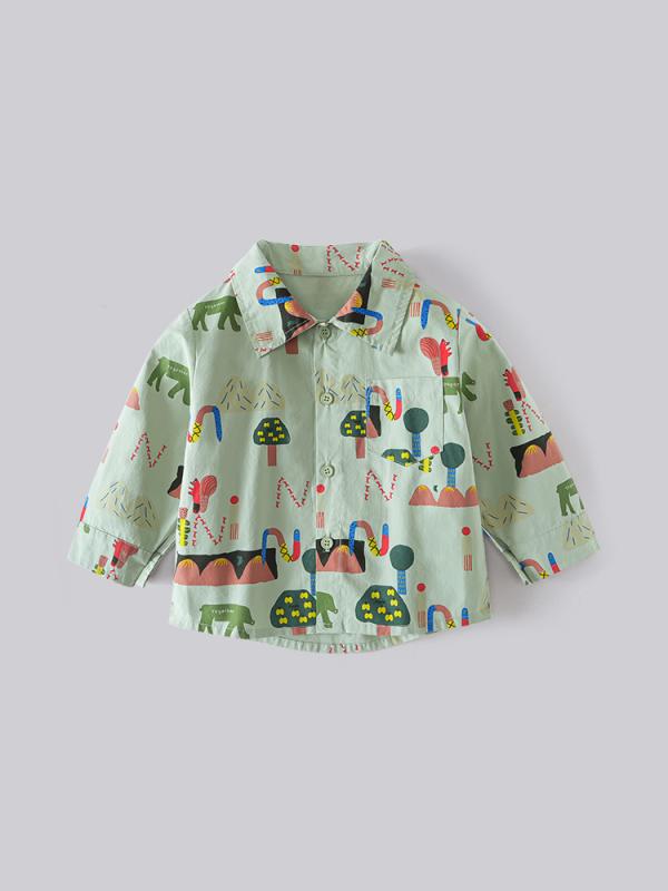 シャツ キッズ 長袖 森林 動物柄 襟付き トップス カーディガン 春秋 薄手 子供服 コットン100％ 80 90..