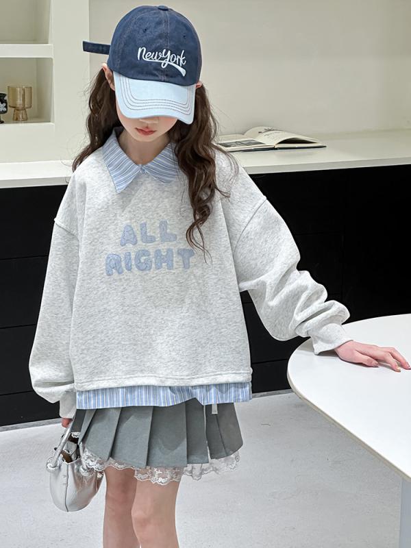 キッズ スウェット 春秋 女の子 子供服 フェイクレイヤード ポロネック 長袖トップス ゆったり アルファベット柄 グレー かわいい カジュアル 普段着