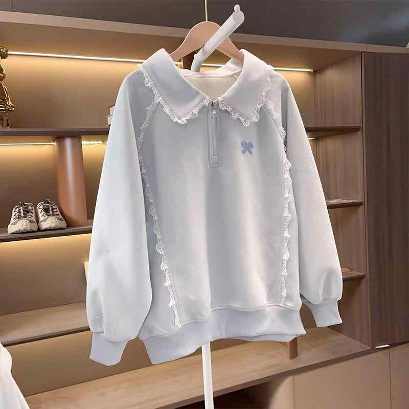 子供服 スウェット ガールズ レース 花柄 ポロ襟 刺繡 トップス 春秋 120cm 130cm 140cm 150cm 160cm 170cm 普段着 かわいい 綿 90%以上 藍灰色