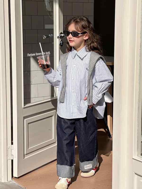 子供服 シャツ 女の子 ストライプ 春 長袖 コットン 刺繡 ハート ゆったり かわいい 韓国風 カジュアル..