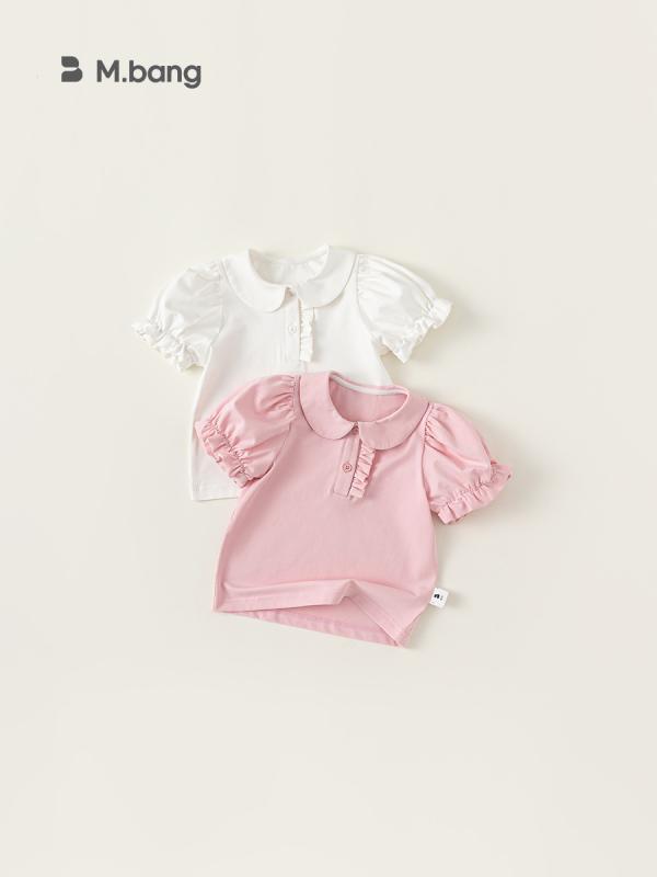 Tシャツ キッズ 女の子 子供服 半袖 トップス パフスリーブ 丸襟 無地 コットン 春夏 かわいい ガーリー 白 ピンク系 80 90 100 110 120 130 140