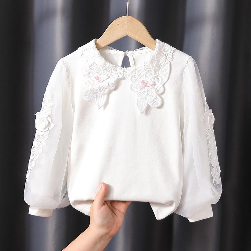 Tシャツ ガールズ 春秋 長袖 コットン 花柄 パフスリーブ 子供服 トップス 潮 翻襟 白 110cm 120cm 130cm 140cm 150cm 160cm