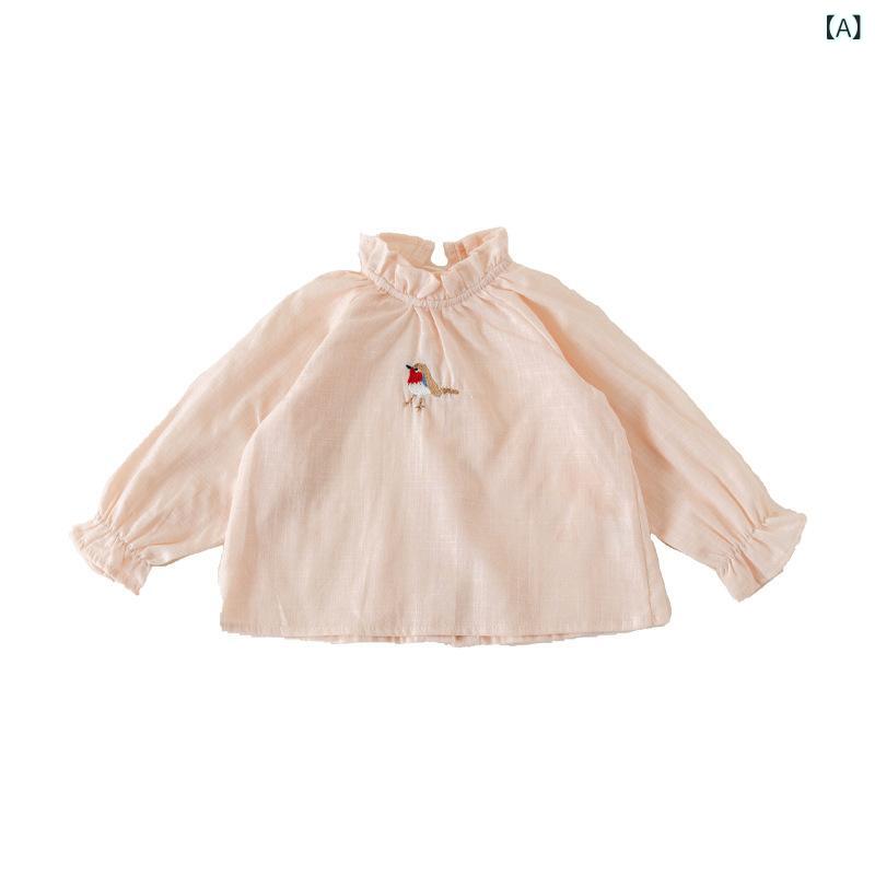シャツ キッズ 長袖 刺繡 フリル襟 春夏 子供服 ベビー服 無地 リネン 麻 トップス 肉ピンク 小鳥 白 蜜蜂 リーフ柄 80cm 90cm 100cm 110cm 120cm 柔らかい