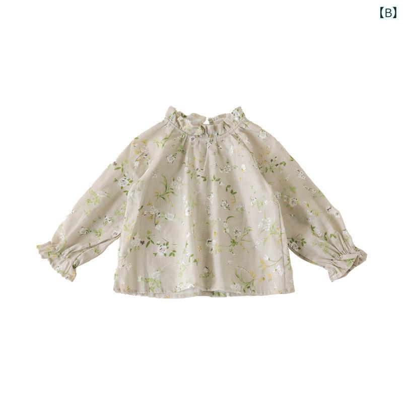 シャツ キッズ 長袖 刺繡 フリル襟 春夏 子供服 ベビー服 無地 リネン 麻 トップス 肉ピンク 小鳥 白 蜜蜂 リーフ柄 80cm 90cm 100cm 110cm 120cm 柔らかい