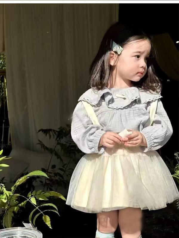 シャツ ガールズ 子供服 長袖 トップス フリル襟 ブラウス 無地 コットン 韓国風 春秋 80cm 90cm 100cm 110cm 120cm 130cm 湖ブルー ベージュ