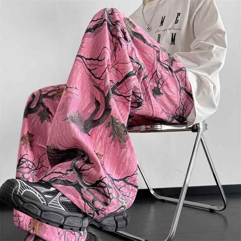 パンツ メンズ 迷彩柄 ワイド カーゴパンツ イージーパンツ ルーズフィット ストリート カジュアル 普段使い スポーツ 運動着 ピンク系 ポリエステル 通気性(4.0)