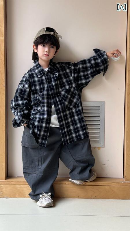 シャツ キッズ チェック柄 長袖 トップス 男女兼用 子供服 カットオフ 刺繍 ワッペ...