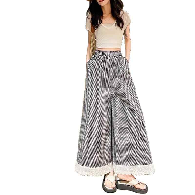 レディース ワイドパンツ 復古格子柄 夏用 薄手 綿混紡 ポリエステル コットン 高腰 松腰 スリム効果 レース花辺 九分丈 直筒 黒 白 日韓スタイル 簡約 快適 デイリー 普段使い カジュアル