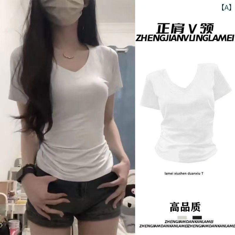 Tシャツ レディース 春夏 Vネック 短袖 修身 綿 スパンデックス 純色 セットアップ 普通丈 通常袖 清新 甘い 優雅 かわいい スタイル 白色 ピンク ブラック イエロー ブルー マカロンカラー 精梳棉 軽やか 快適 インナー トップス