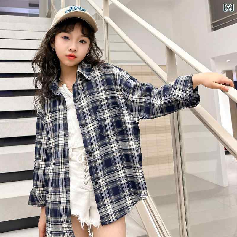 シャツ ガールズ 子供服 春物 格子柄 長袖 140cm以上 ゆったり かわいい ソフトコットン 黒白 120cm 130cm 150cm 160cm 170cm