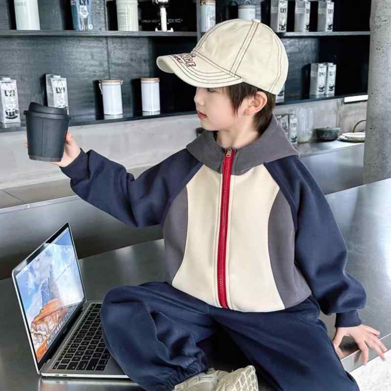 子供用セットアップ パーカー 上下セット 秋冬 撞色 切り替え ジャージ 部屋着 カジュアルスタイル 80c..