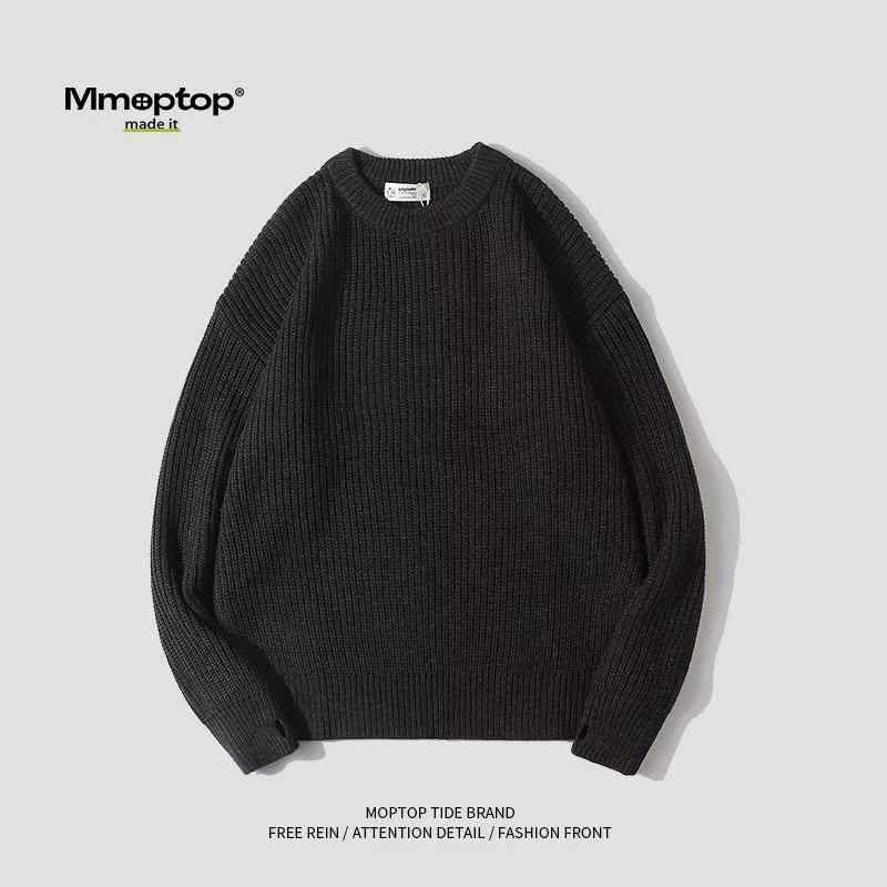 ニット メンズ 男性用 秋冬 保温 無地 クルーネック プルオーバー セーター ゆったり リブ カジュアル トップス 綿 ポリエステル混紡 オフホワイト ブラック ダークグリーン