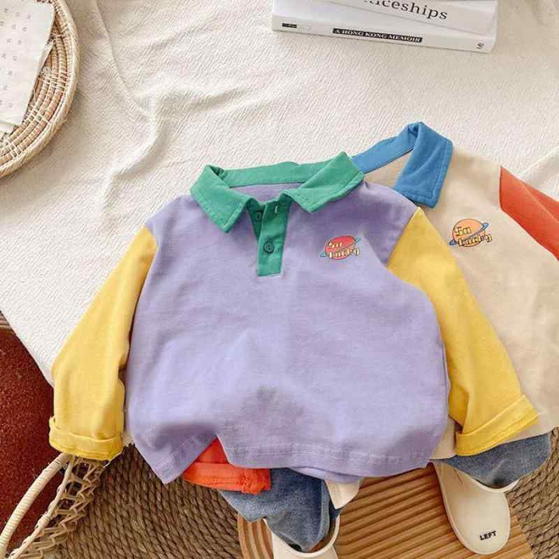 Tシャツ キッズ 子供 長袖 春秋 薄手 韓国風 配色 コットン トップス カットソー 80 90 100 110 120 紫..