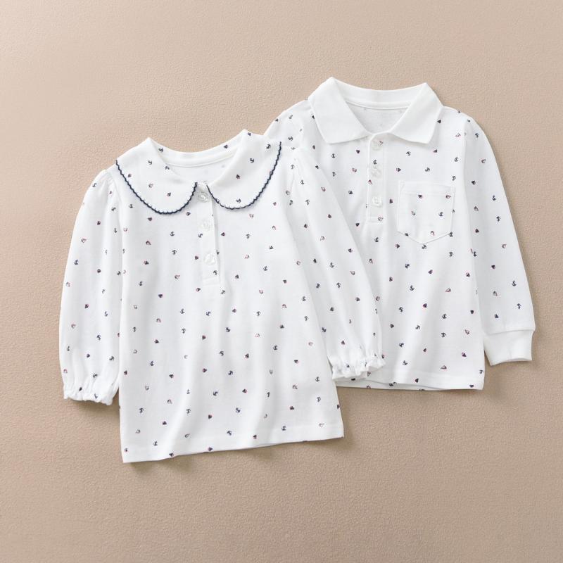 ・カテゴリ: POLOシャツ・スタイル: カジュアル、中性、日本風、学院風、ブリティッシュ、マリン・対象: 男女兼用、子供・柄: プリント、その他・素材: ニット、綿100%・カラー: CX1031 白色ポロシャツ 珠地メッシュ 錨柄プリント 長袖(1枚), CX1030 白色レース襟 珠地メッシュ 錨柄プリント 長袖(1枚)・サイズ: 90, 100, 110, 120, 130, 140, 150, 160, 170・年齢層: 中小 बच्चों (3~8歳、100~140cm)・要素: 無地、プリント、フリル