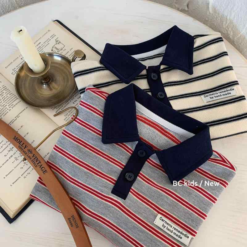 子供服 スウェットシャツ ボーイズ ガールズ ストライプ柄 POLO襟 プルオーバー トップス 春秋 春 子供..