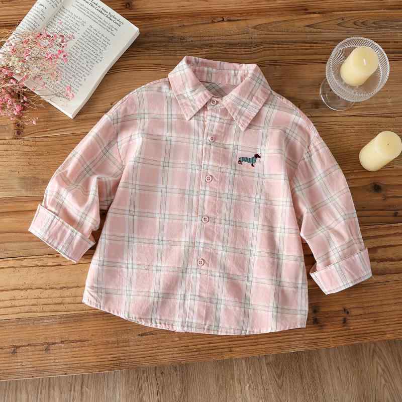 シャツ ガールズ 子供服 長袖 コットン 格子柄 ピンク 刺繡 犬 春秋 かわいい 普段使い 90 100 110 120 130 140 150