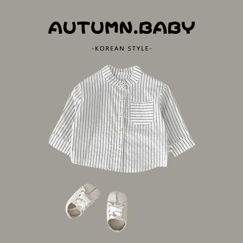 シャツ 男児 ベビー 長袖 トップス 韓国風 ストライプ柄 コットン100% 春秋 上着 乳幼児 普段着 かわいい おしゃれ