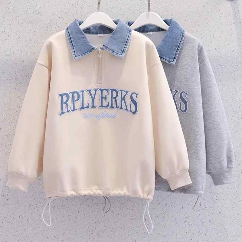 子供服 トレーナー 春秋 長袖 デニム襟付き ポロシャツ風 韓国風 ゆったり トップス 春 秋 冬 普段着 通園 通学 110cm 120cm 130cm 140cm 150cm 160cm 170cm ポリエステル混紡 ベージュ グレー