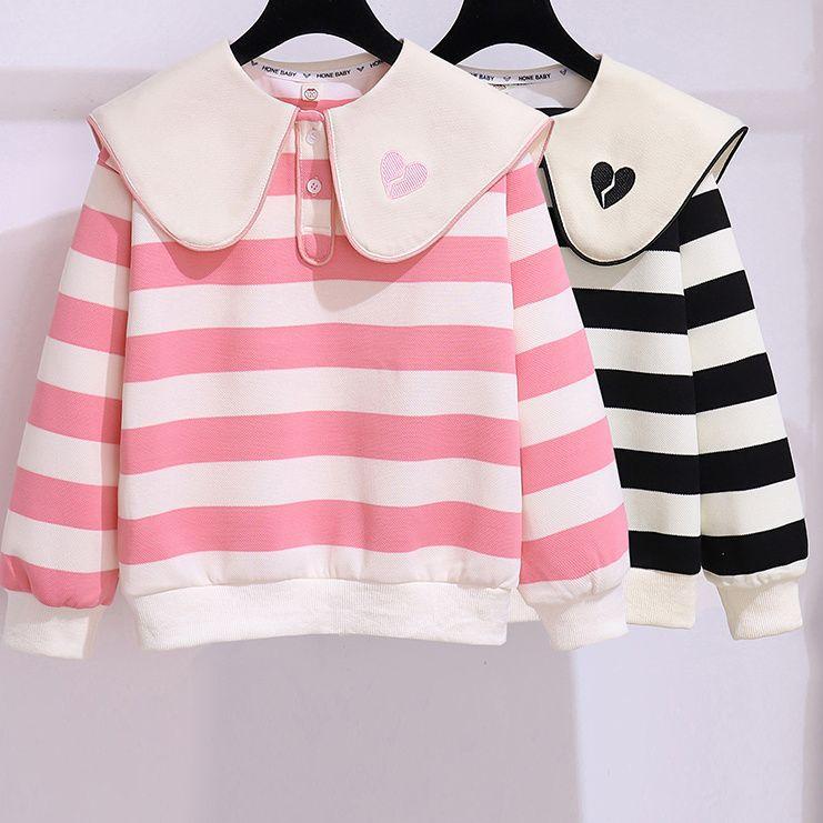 子供服 スウェット ガールズ 長袖 トップス 春秋 ボーダー ストライプ かわいい パフスリーブ プルオーバー 女の子 普段着 ピンク系 ブラック