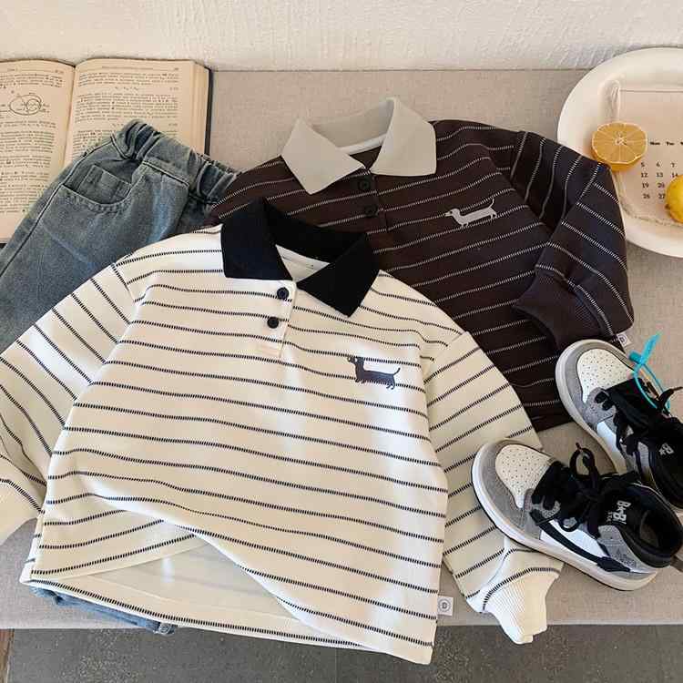 子供服 トレーナー 春秋 ストライプ柄 ポロシャツ 長袖トップス 男の子 幼児 普段着 カジュアル 綿混紡..