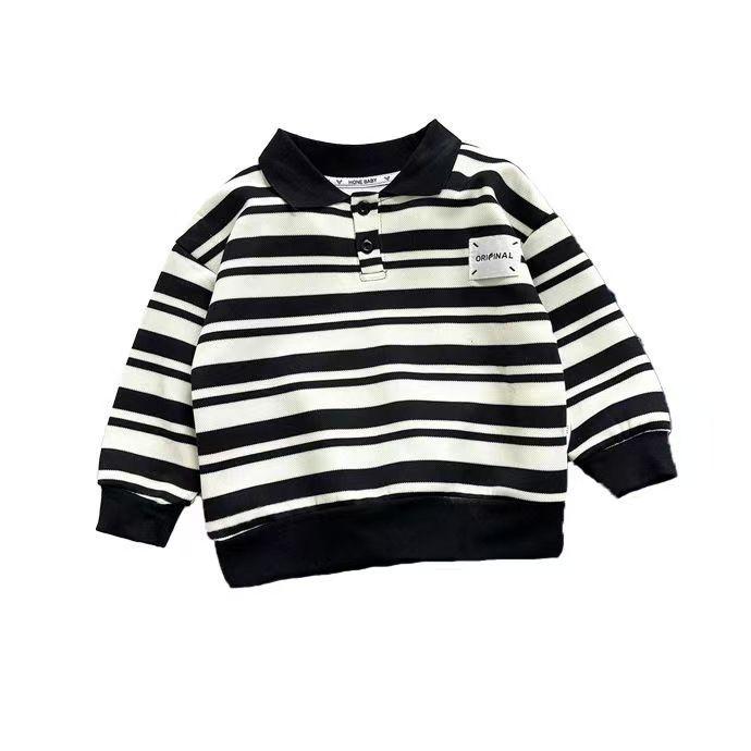 ・カテゴリ: Tシャツ・対象: 子供・スタイル: 韓国風・袖丈: 長袖・対象年齢: 3～8歳 (100～140cm)・柄: ストライプ・要素: セットアップ、ストライプ・素材: 綿、ポリエステル・素材割合: ポリエステル50%・ネックライン: 襟付き・機能: 吸湿・カラー: ブラック・適合身長: 80cm、90cm、100cm、110cm、120cm、130cm、140cm、150cm、160cm、170cm