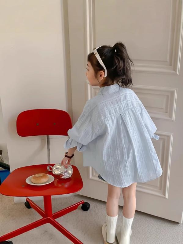 ・項目名: カテゴリ・値: 子供用シャツ・項目名: 対象・値: 女児・項目名: 対象年齢・値: 中小児童(3～8歳、100～140cm)・項目名: スタイル・値: 韓国版・項目名: ネックライン・値: 襟付き・項目名: 生地加工・値: 柔らかい加工・項目名: 袖丈・値: 長袖・項目名: 柄・値: 無地・項目名: 要素・値: 可愛い、プリンセス、おしゃれ・項目名: 素材・値: 綿100%・項目名: 安全レベル・値: C類・項目名: 色・値: ブルー・項目名: 対応身長・値: 100cm、110cm、120cm、130cm、140cm、150cm