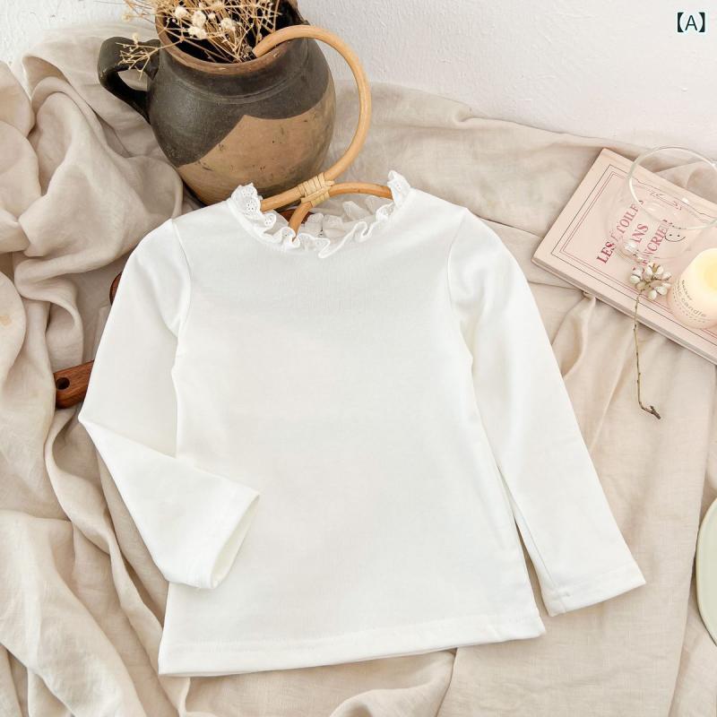 Tシャツ ガールズ 子供服 秋冬 長袖 綿 カットソー 小さめサイズ 襟付き 無地 レース フリル 90cm 100cm 110cm 120cm 130cm 140cm 150cm