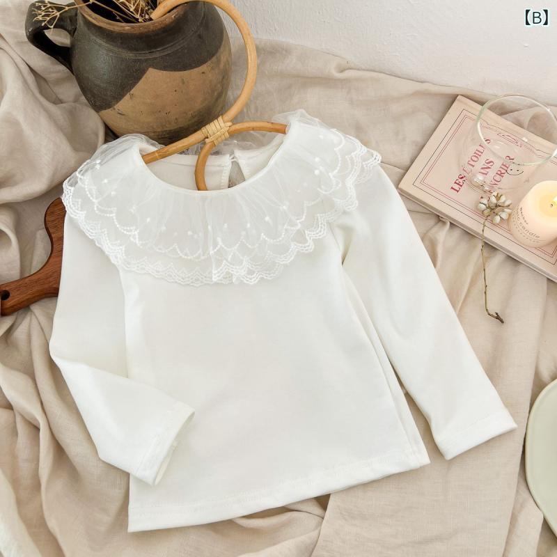 Tシャツ ガールズ 子供服 秋冬 長袖 綿 カットソー 小さめサイズ 襟付き 無地 レース フリル 90cm 100cm 110cm 120cm 130cm 140cm 150cm