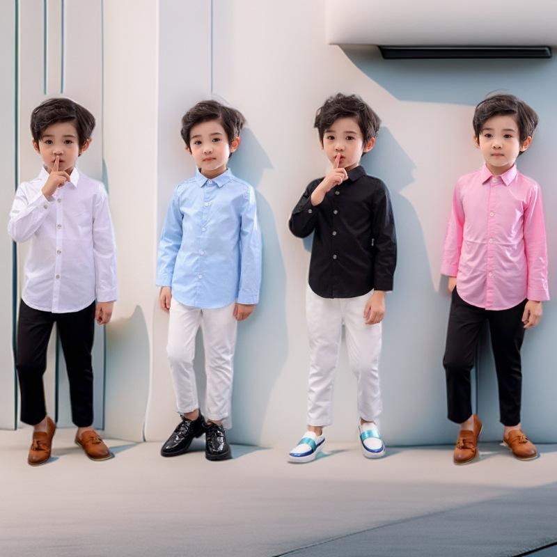 ・対象: キッズ・対象年齢: 3～8歳・身長: 100～140cm・スタイル: 韓国・ネックライン: 襟付き・袖丈: 長袖・柄: 無地・素材: 綿・素材構成: 綿90%・カテゴリ: シャツ・カラー: ホワイト、ブルー、ブラック、ピンク、ブルー袖口・サイズ: 80cm、90cm、100cm、110cm、120cm、130cm、140cm、150cm、160cm、170cm