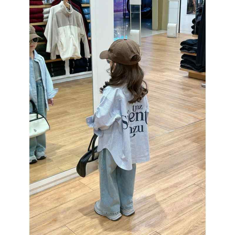 シャツ キッズ 女の子 ストライプ コットン 襟付き 春物 長袖 トップス アルファベ...